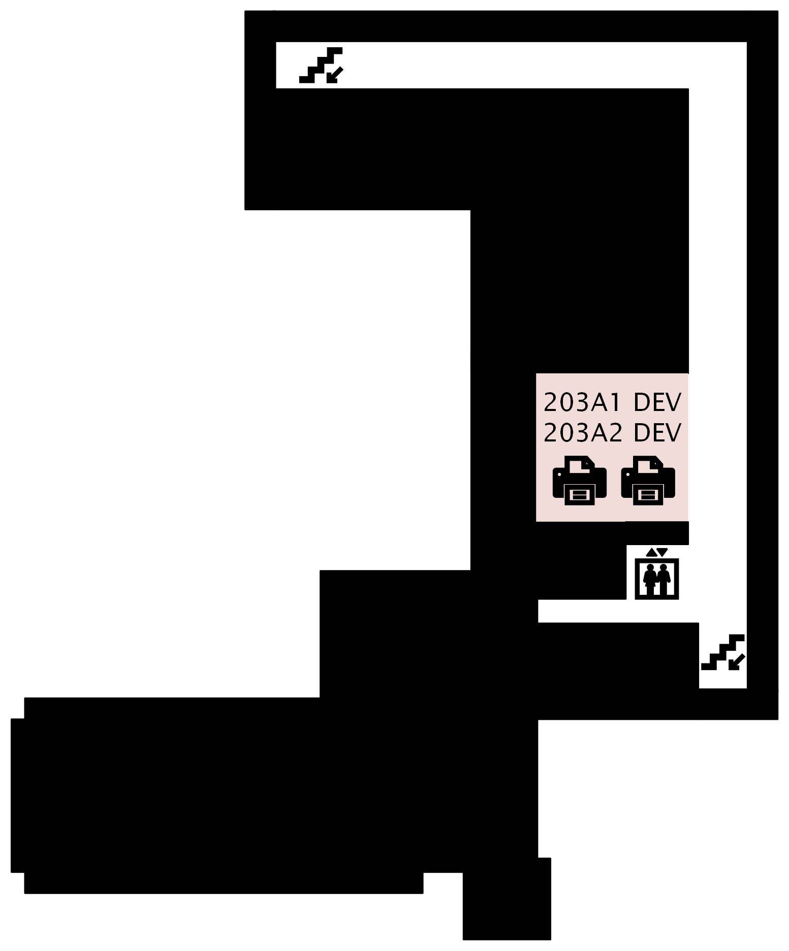 A map of the second floor of the Richard M. DeVos Center, indicating printers with printing capabilities only are available in DEV 203A1 and DEV 203A2